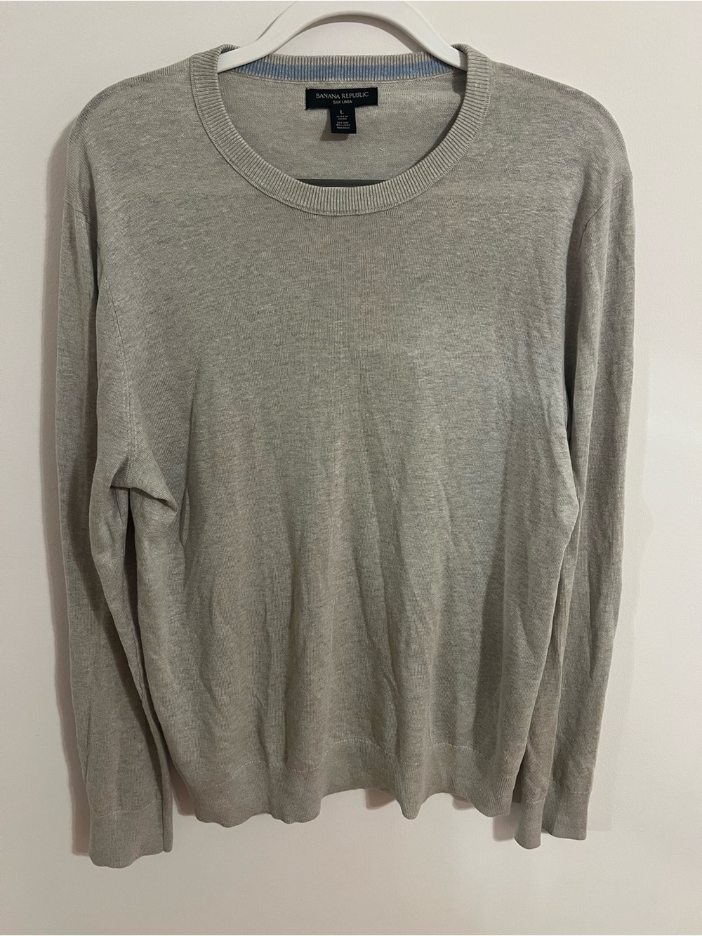Banana Republic Light Gray and Pale Blue Trim Silk-Linen Crewneck Sweater